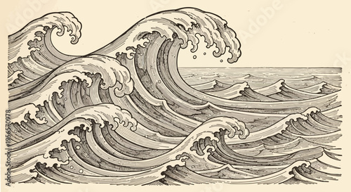 Vintage Ink Illustration of Raging Ocean Waves