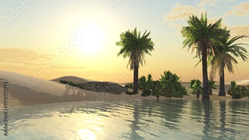 Beautiful beach with palm trees at sunset, panorama of a tropical landscape, sea sunset,
3d rendering