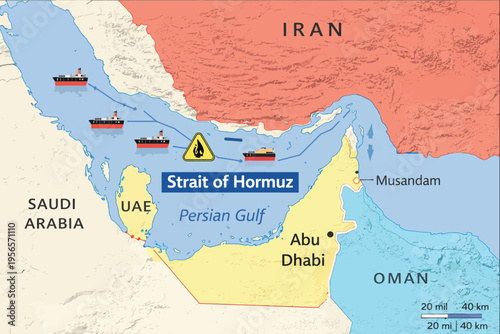 Strait of Hormuz map vector showing oil tankers, Persian Gulf, Iran, UAE, Oman, Saudi Arabia, and shipping routes