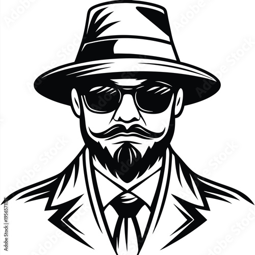 Confident man with a beard wears a hat and sunglasses in black and white