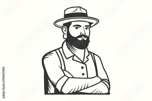 Confident man with a beard wearing a hat stands with crossed arms