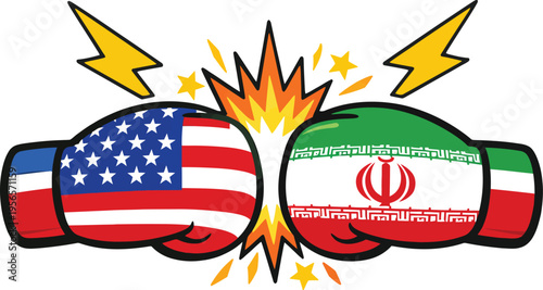 USA vs Iran boxing gloves vector illustration with lightning bolts and explosion graphic