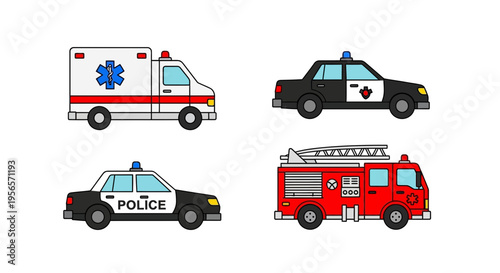 Set of Emergency Vehicles Including Police Car, Ambulance, and Fire Truck