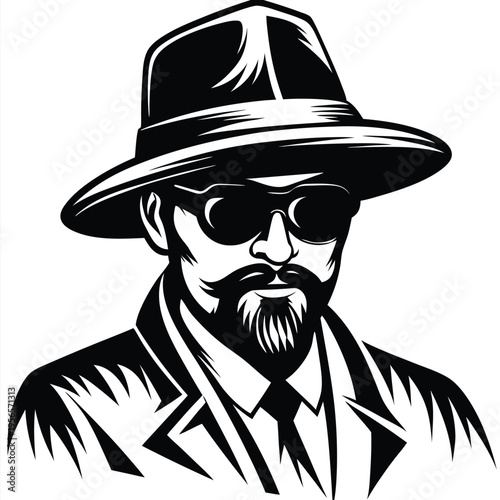 Confident man with a beard, sunglasses, and hat exudes vintage charm in black and white