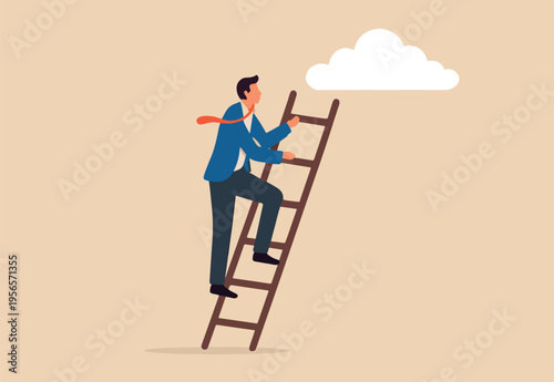 Progress to next level, career development or business improvement reaching better quality, growth or growing concept, ambitious next level Businessman climbing ladder.