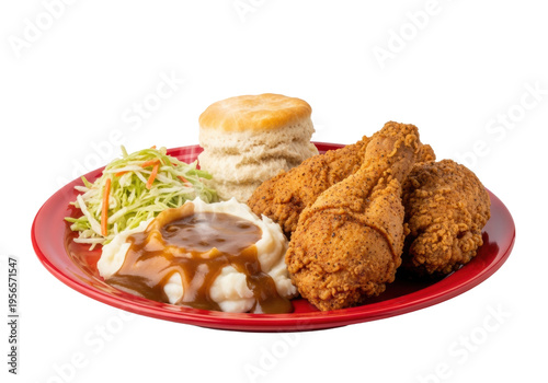 Crispy fried chicken, gravy-smothered mashed potatoes, and a flaky biscuit on a glossy red plate isolated against a high-key transparent background, showcasing appetizing food textures