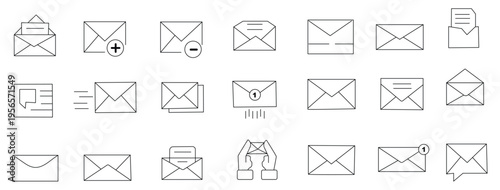 Email notification envelope icon set showing unread message alerts, inbox communication symbols, black and white mail icons for app interface and web UI design mail, message, communication, envelope, 