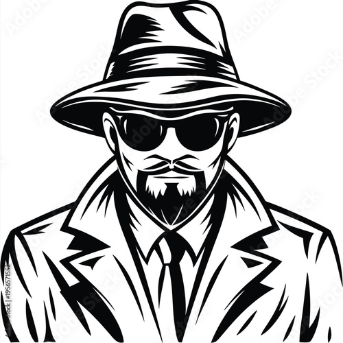 Confident man with hat and coat embodies mystery in monochrome form