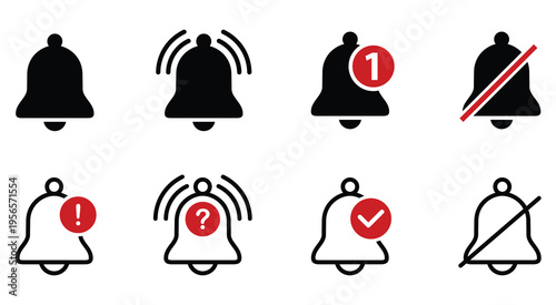 Notification bell icon set, alert icon for incoming inbox message, ringing bell and notification number sign for alert and alarm. vector