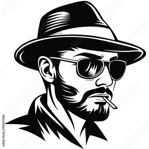 Cool bearded man with sunglasses and cigarette is wearing a hat in black