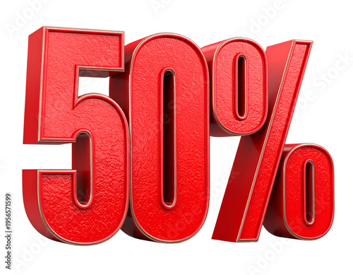 Untitled design - Bold Red 3D Fifty Percent Symbol with Metallic Texture, Front View Discount Sign, Isolated on Transparent Background PNG