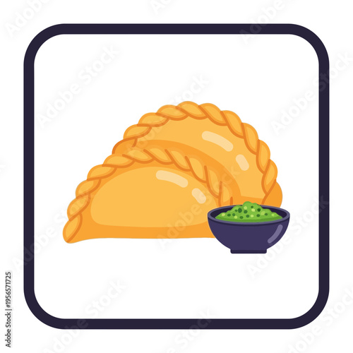 Two golden empanadas with a side of green dip, a delicious pastry, and a flavorful dipping sauce