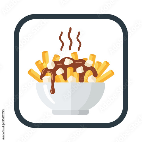 Delicious poutine icon hot golden french fries, savory brown gravy, and creamy cheese curds in a white bowl