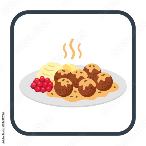 Delicious icon showcasing warm, flavorful meatballs, creamy mashed potatoes, and bright red berries on a plate