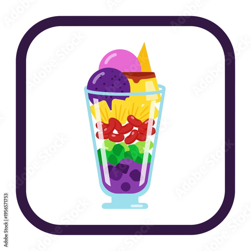 Delicious Filipino dessert Halo-Halo served in a tall glass with colorful ingredients, a delightful sweet treat