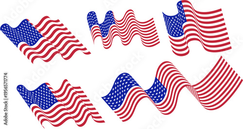 Waving USA flag set patriotic American flag collection for Independence Day celebration design