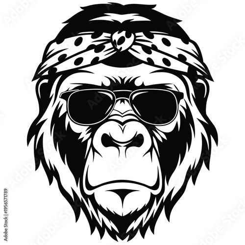 Cool gorilla with sunglasses and bandana showcases a bold and stylish presence