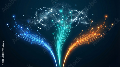 Abstract digital data flow background with glowing blue, cyan, and orange light trails converging upwards
