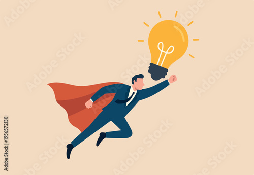Big idea to boost business success, super power or creativity to win business competition, innovation or imagination concept, genius businessman superhero flying while carrying big light bulb idea