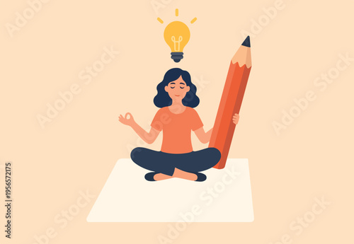 Writer inspiration, blogger, copywriter or journalist creativity concept, young woman writer meditate on blank paper and holding big pencil thinking about idea to write in her blog or journal
