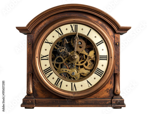 Untitled design - Steampunk Wall Clock with Exposed Brass Gears and Roman Numerals, Front View, isolated on transparent background.