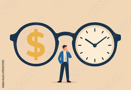 Time is money, investment profit or pension fund, value price or long term investing, saving money or debt payment, financial freedom concept, eyeglasses with dollar sign and time running clock