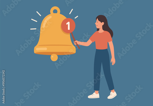 Ring subscription bell to get reminder for new social media content, young woman new subscriber ringing the big bell with notification number.