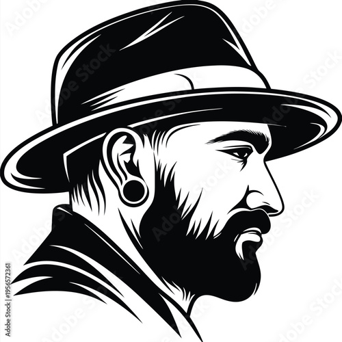 Handsome bearded man wearing a fedora style hat looks stoically to the right side