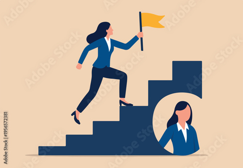 Success female entrepreneur, woman leadership or challenge and achievement concept, success businesswoman on top of career staircase holding winning flag looking for future visionary.