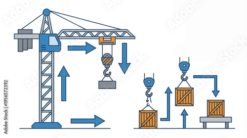 Construction site workers use crane and forklifts to move modular building blocks