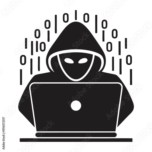 Hooded figure uses computer amidst binary code for digital security concepts and threats