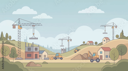 Construction workers build a bridge on a sunny day with cranes and vehicles