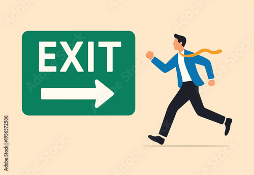 Exit strategy escape plan or challenge to choose successor before leaving company or ROI on investment before exit market, risk preparation, retirement decision, businessman running on exit sign
