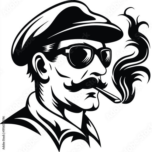 Illustrated man with cap and sunglasses smokes, presenting a vintage style in black