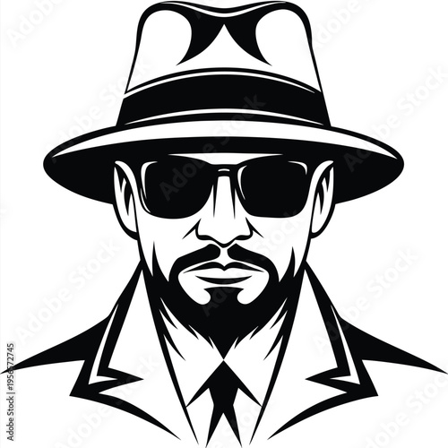 Intricate black line art reveals a serious man with fedora and sunglasses
