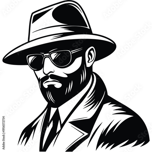 Intricate line man in sunglasses and hat oozes vintage sophistication and style