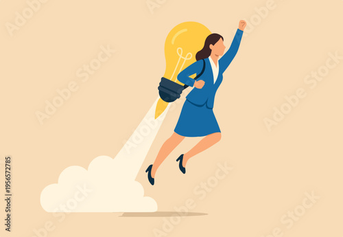 Idea, innovation and creativity help boost productivity and motivation to reach success goal, career development and business growth concept, confident businesswoman with lightbulb jetpack flying high