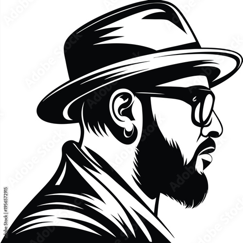 Isolated black silhouette reveals an African man wearing glasses and a stylish hat