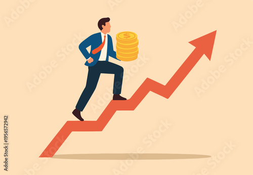 Increase revenue, income or investment profit, growing income or wealth, growth chart diagram or savings and investment return concept, businessman carry money coin stack walk up growth graph diagram