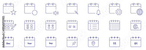 modern linear calendar and date icon set. vector thin line outline symbols for app and web interfaces. minimal stroke collection including date, calendar, date, calendar