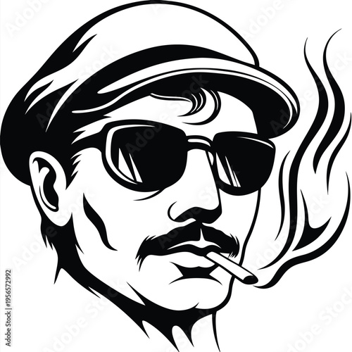 Isolated monochrome man with sunglasses smokes while wearing a driver cap in silhouette