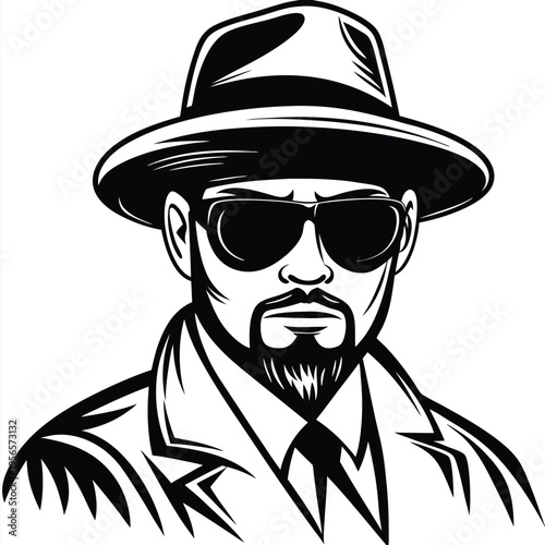 Isolated portrait shows the confident man wearing a fedora, sunglasses and a trench coat