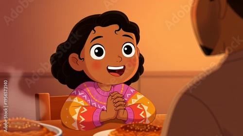 Animated young girl praying before dinner, happy child saying grace at dining table, warm family meal time in cozy 2D cartoon style 4k