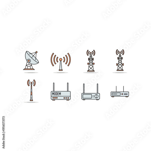 Set of Wireless Communication Devices and Antennas Icons