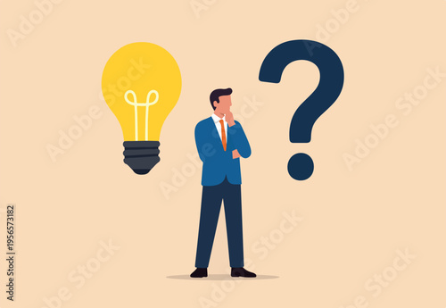 Solution to solve problem, asking question and answer, discover idea, solving business difficulty concept, thoughtful businessman think of solution to solve problem with lightbulb and question mark