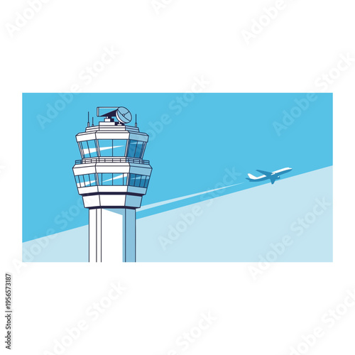 Airport Control Tower and Airplane Taking Off Under Blue Sky