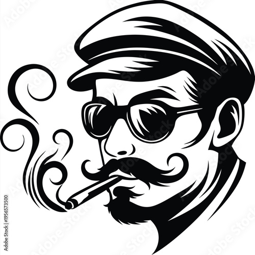 Man wearing cap and sunglasses with mustache and cigar in monochrome evokes coolness