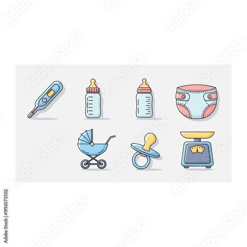 Baby Care Icons: Thermometer, Bottles, Diaper, Stroller, Scale