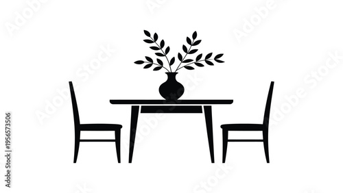 dining table with chairs and vase silhouette flat illustration of minimal furniture setup isolated on light background interior home decor concept