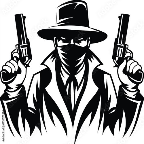 Man wearing fedora and mask holds two revolvers in a threatening pose, presented in monochrome